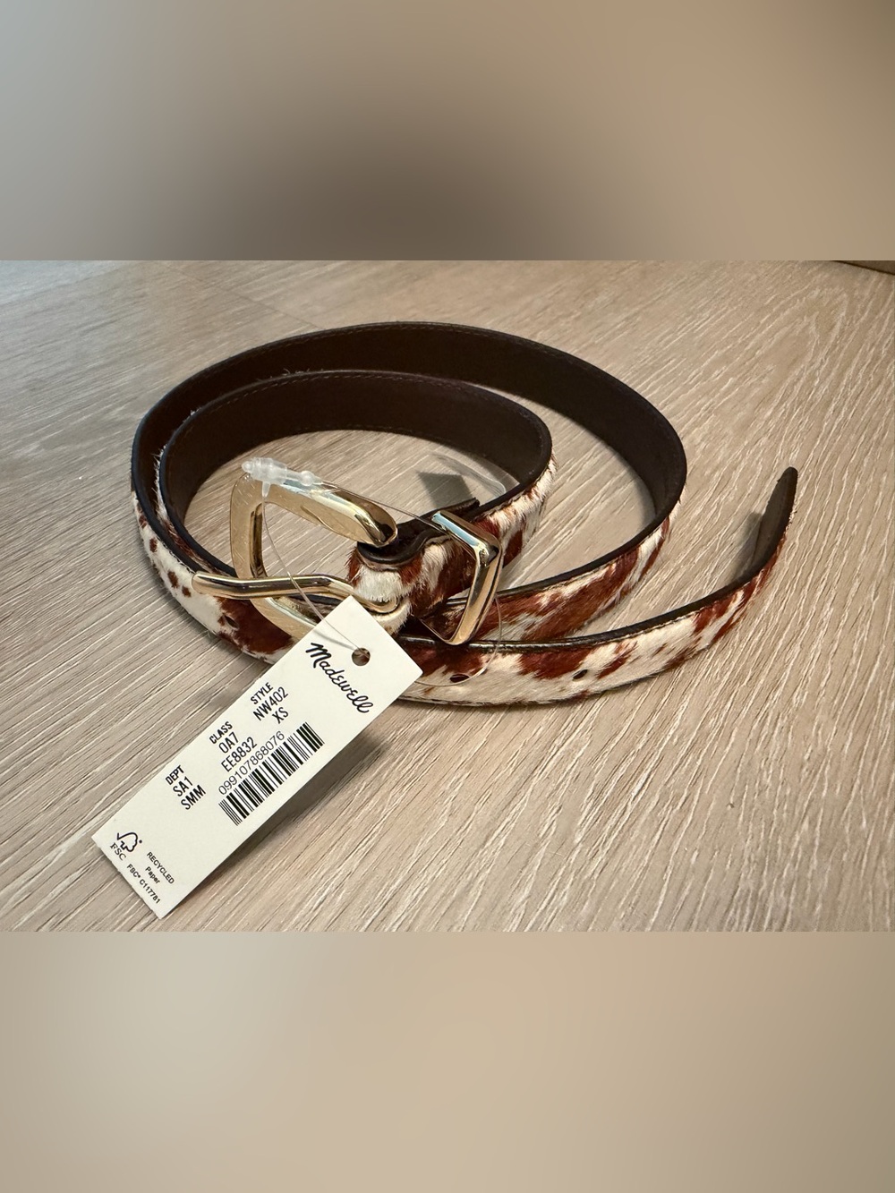Madewell skinny leather belt animal cow print Soft Mahogany Multi NW402 XS